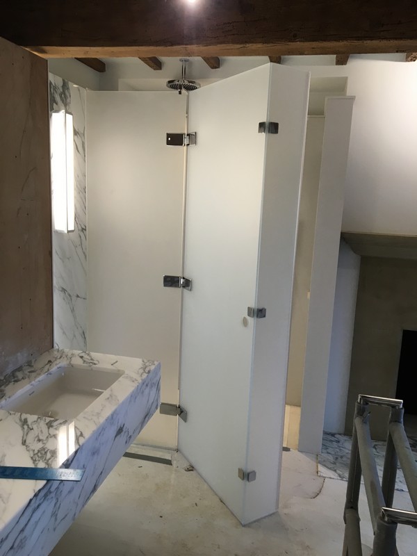 Bespoke frosted glass shower enclosure in Waterloo luxury bathroom